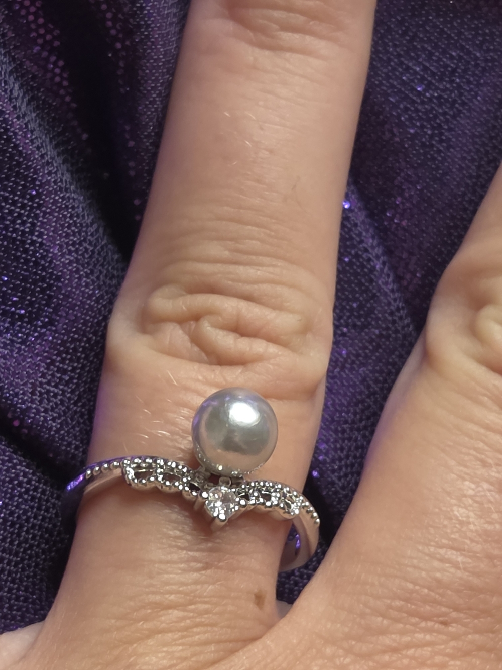 Silver Akoya Pearl and Cubic Zirconia Adjustable Statement Ring